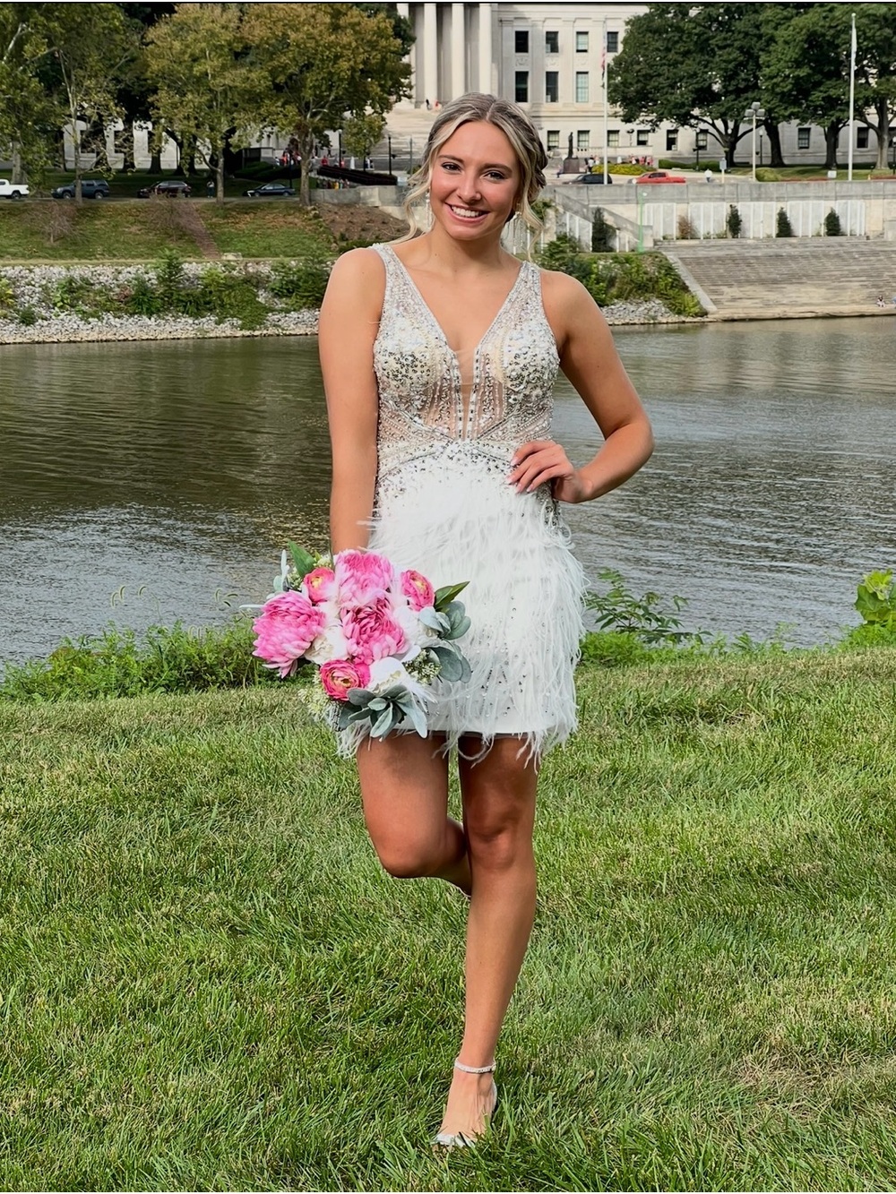 Beaded Feather Mini Dress with V-Neck